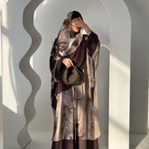 Chiffon Brown Floral Open Abaya with Hijab 2-Piece Set
